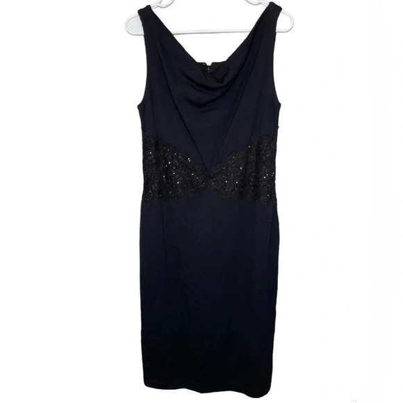 NWT St John Evening Santana Drape Neck Black Lace Middle Dress Dark Blue Size 12 - Picture 1 of 10